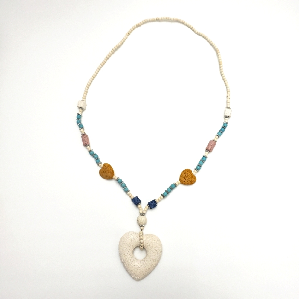 NEW Multi-Color Lava Rock and Howlite Necklace, Heart Lava Rock Charm - Picture 2 of 4